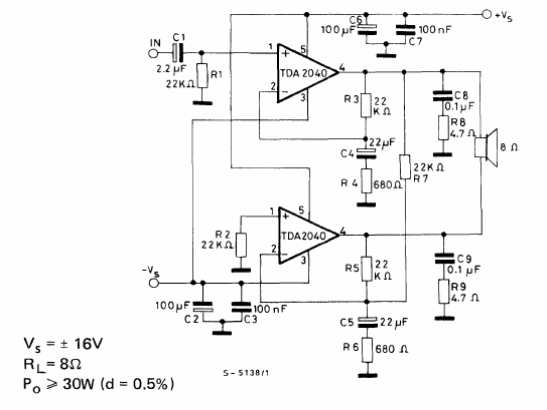 Amplificador BTL de 30 W com el TDA2040
Amplificador BTL de 30 W com el TDA2040