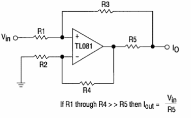 Fuente de corriente controlada por tensión TL081
Fuente de corriente controlada por tensión TL081