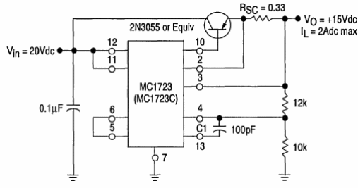 Regulador de 15 V con 2 A MC1723
Regulador de 15 V con 2 A MC1723