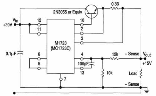 Regulador de 15 V x 1 A y detección remota 723
Regulador de 15 V x 1 A y detección remota 723