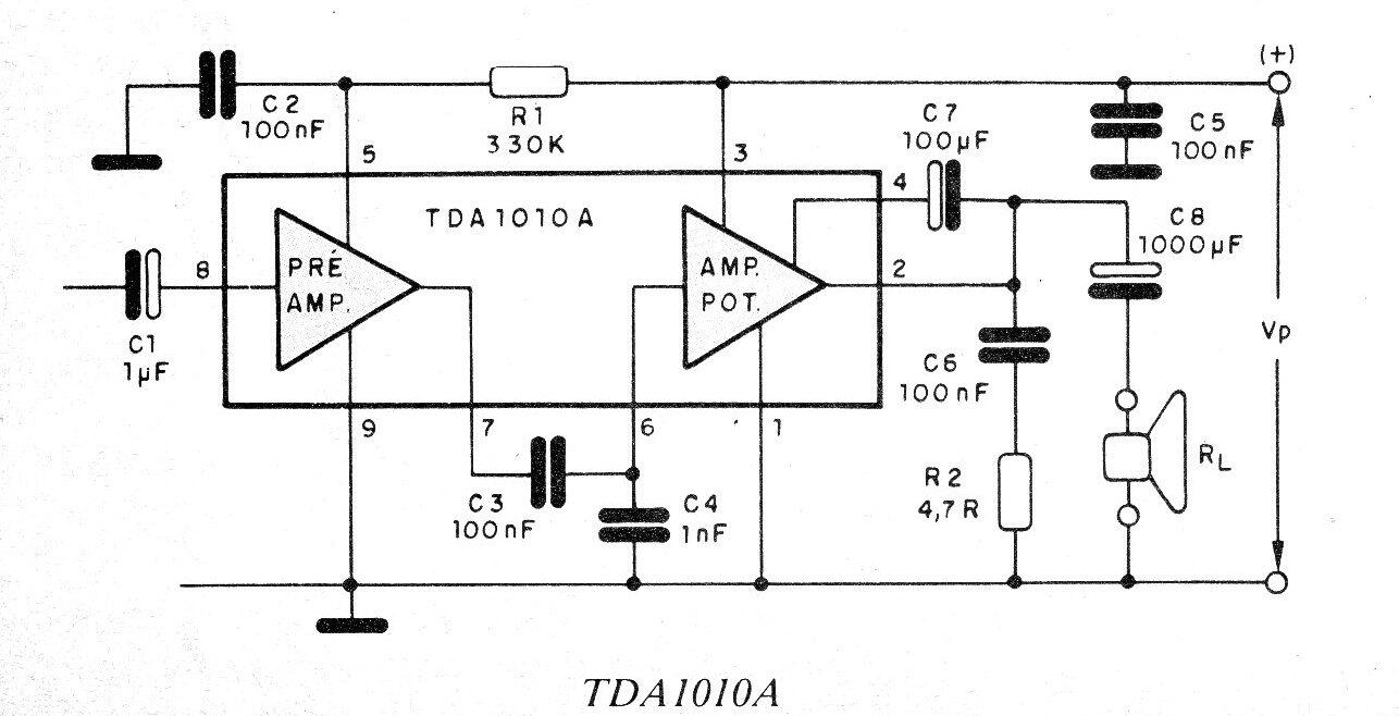 Amplificador de 6 a 9,5 W con TDA1010
Amplificador de 6 a 9,5 W con TDA1010