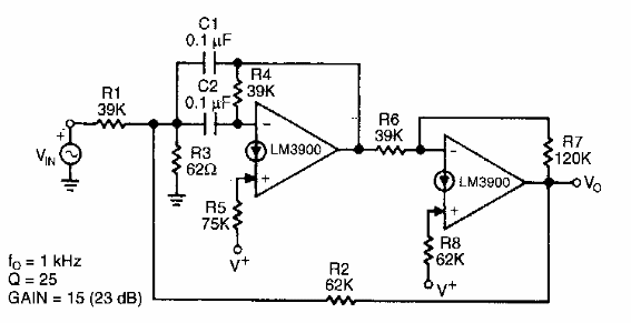 Filtro de paso de banda con dos operacionales
Filtro de paso de banda con dos operacionales