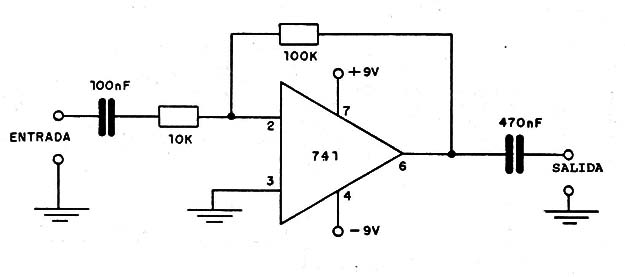 Amplificador com Ganancia 10 usando el 741
