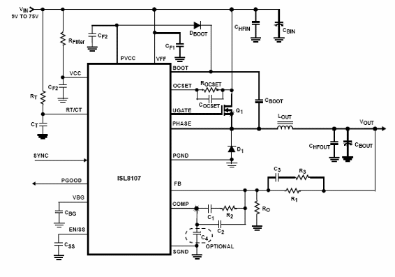 Figura 1- Controlador PWM con el ISL8107 de Intersil.
Figura 1- Controlador PWM con el ISL8107 de Intersil.