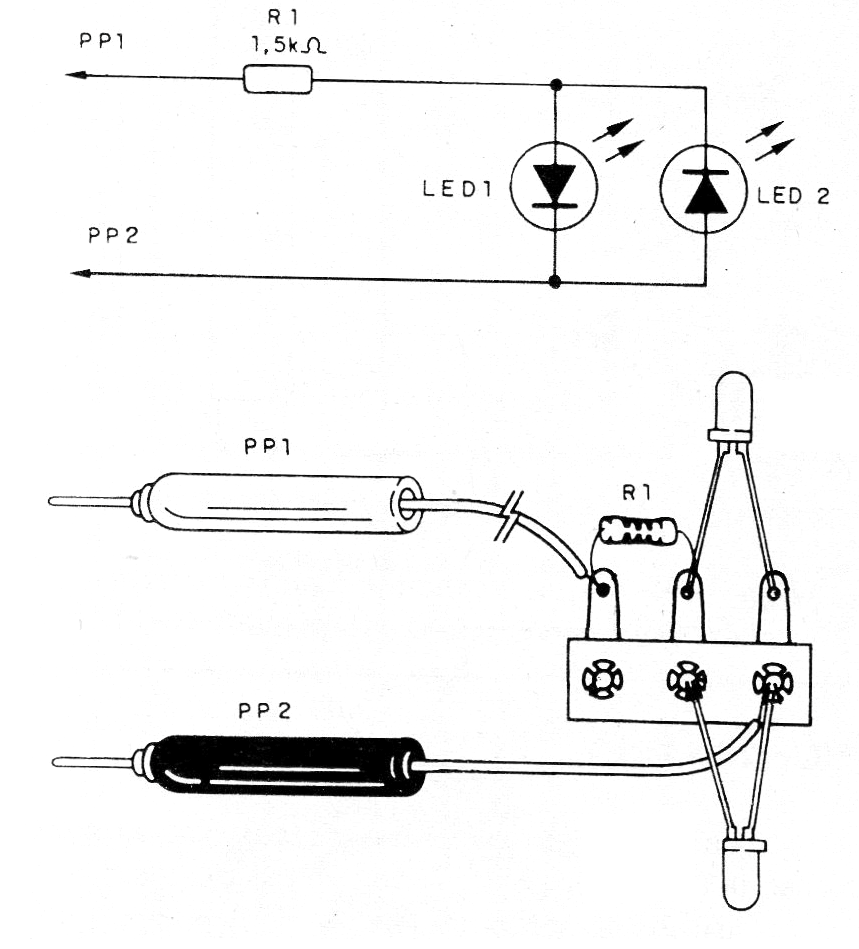 Figura 1 - Diagrama y montaje del indicador de polaridad
Figura 1 - Diagrama y montaje del indicador de polaridad