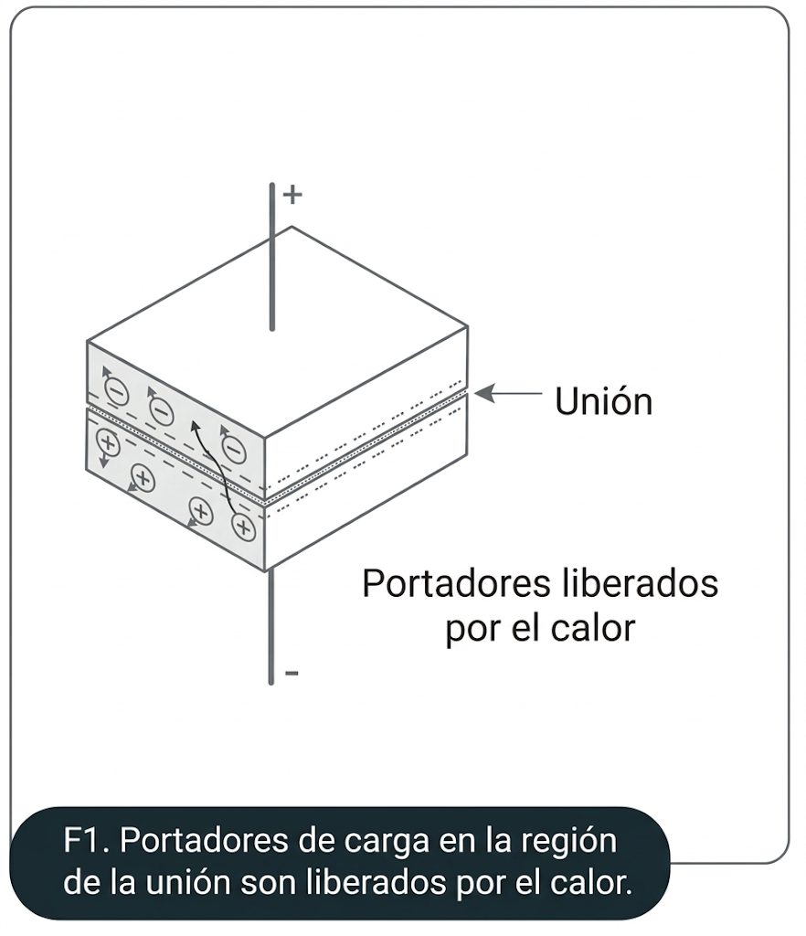 Fig. 1. Los portadores de carga en la región de la juntura son liberados por el calor. Fig. 1. Los portadores de carga en la región de la juntura son liberados por el calor.
